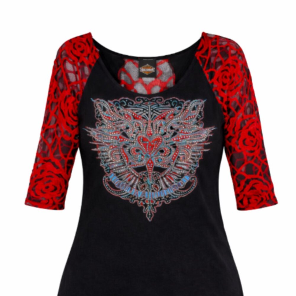Harley Davidson Black Red Lace Rhinestone Heart Stretch Moto Top 3/4 Sleeve Sz S